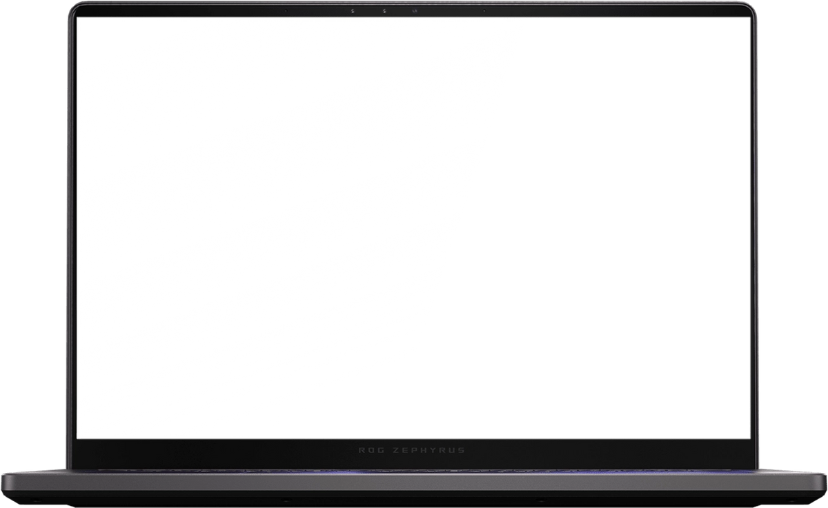 An Eclipse Grey Zephyrus G14 with a simulated colored dust explosion both on screen and behind the laptop.