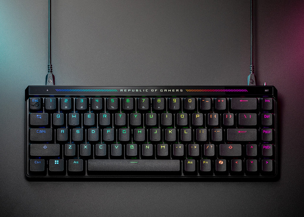ROG Falchion Ace HFX connected to two cables, showcasing its dual-port flexibility.