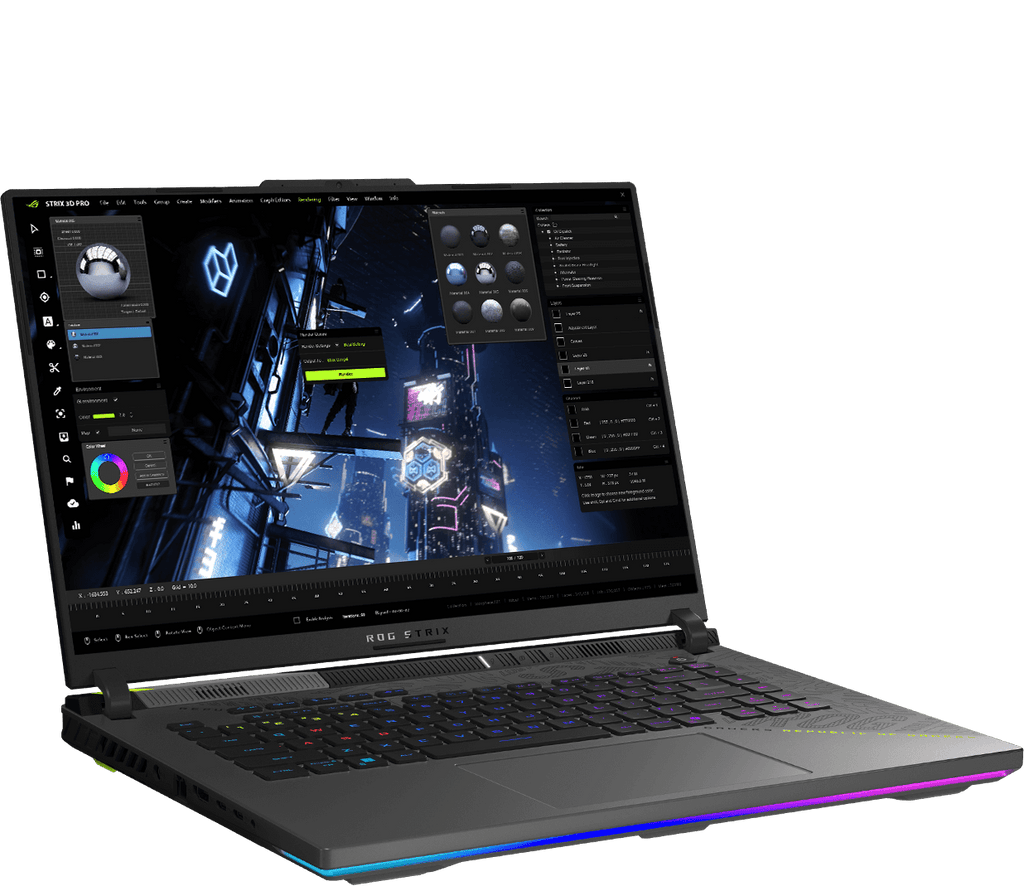 The front side of the G16 is shown, with a rendering of the character PKD standing on the keyboard, and the UI of 3D rendering software on screen.