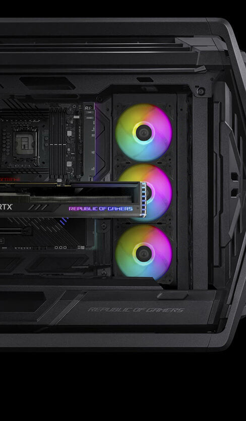 ROG Hyperion GR701 BTF Edition PC build focus on system fans installed on side