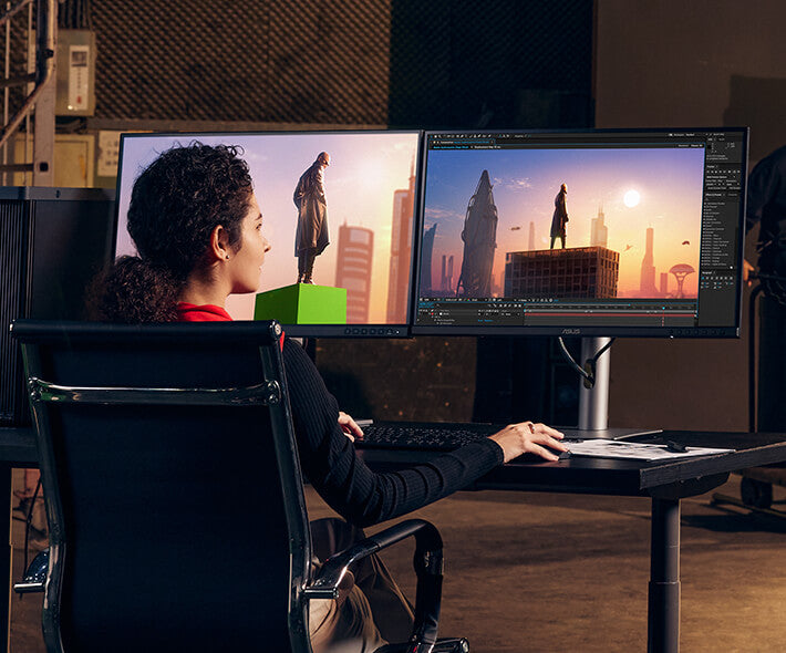 A video editor creating a video project using a ProArt Display PA27JCV 