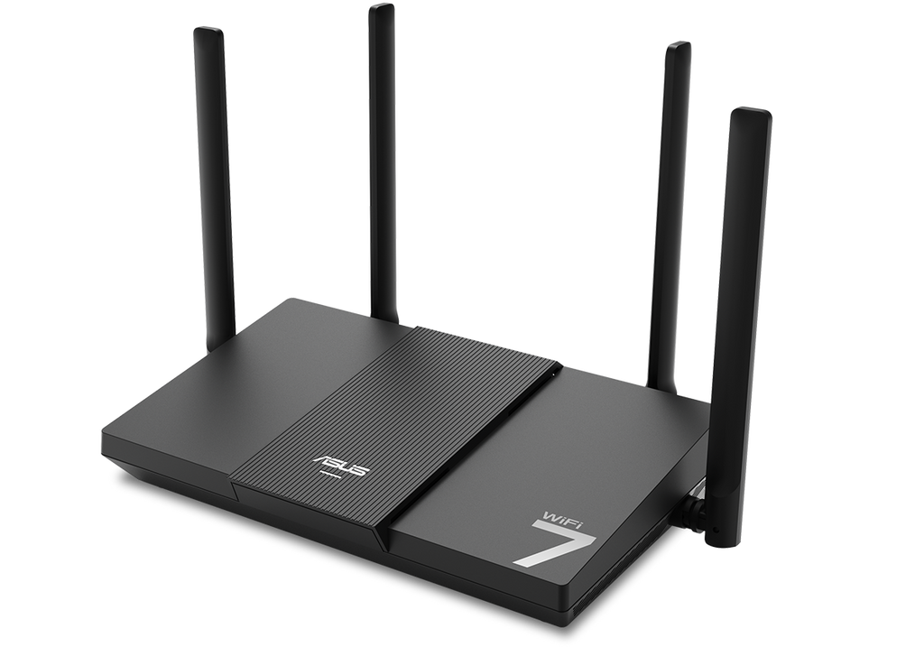 ASUS RT-BE50 front angle view with ‘WiFi 7’ text on the background