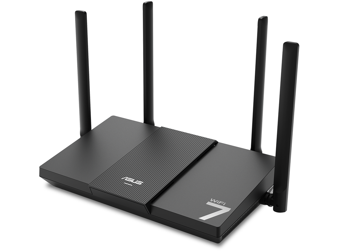 ASUS RT-BE50 front angle view with ‘WiFi 7’ text on the background
