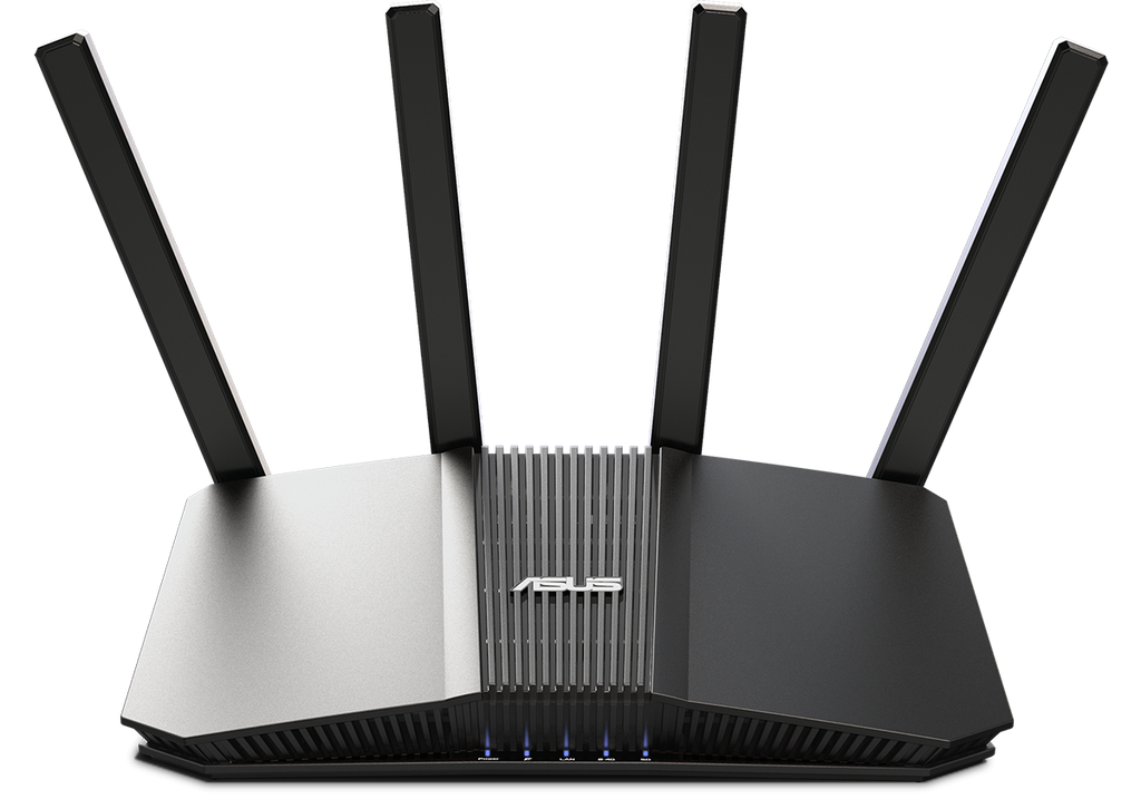 ASUS RT-BE58U front angle view with ‘WiFi 7’ text on the background