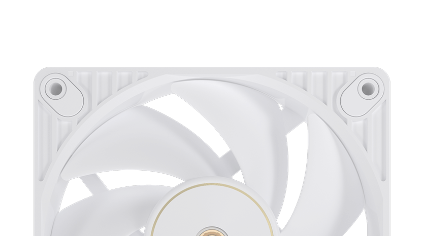 Close-up of a ProArt PF120 PC case fan with sleek blades, partially visible. Text above reads 
