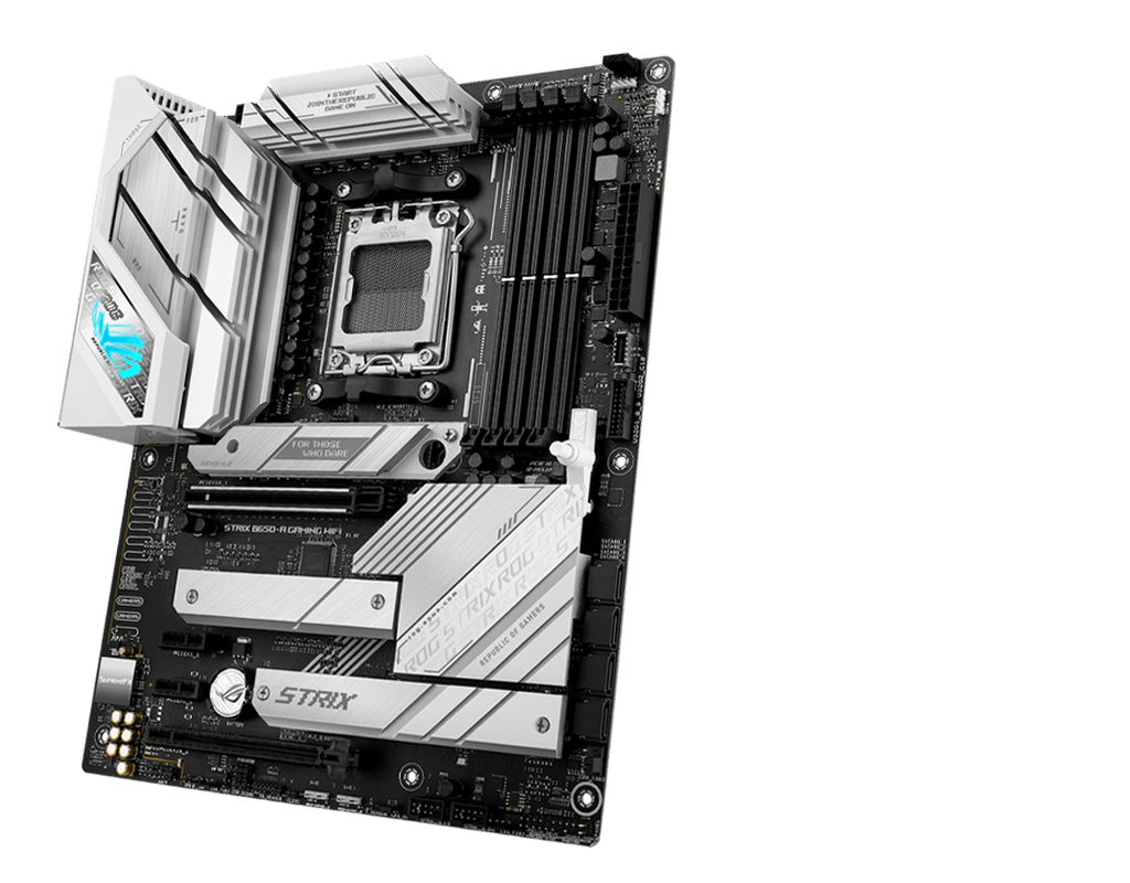 The ROG Strix B650-A front and back designs offer a clean, modern aesthetic