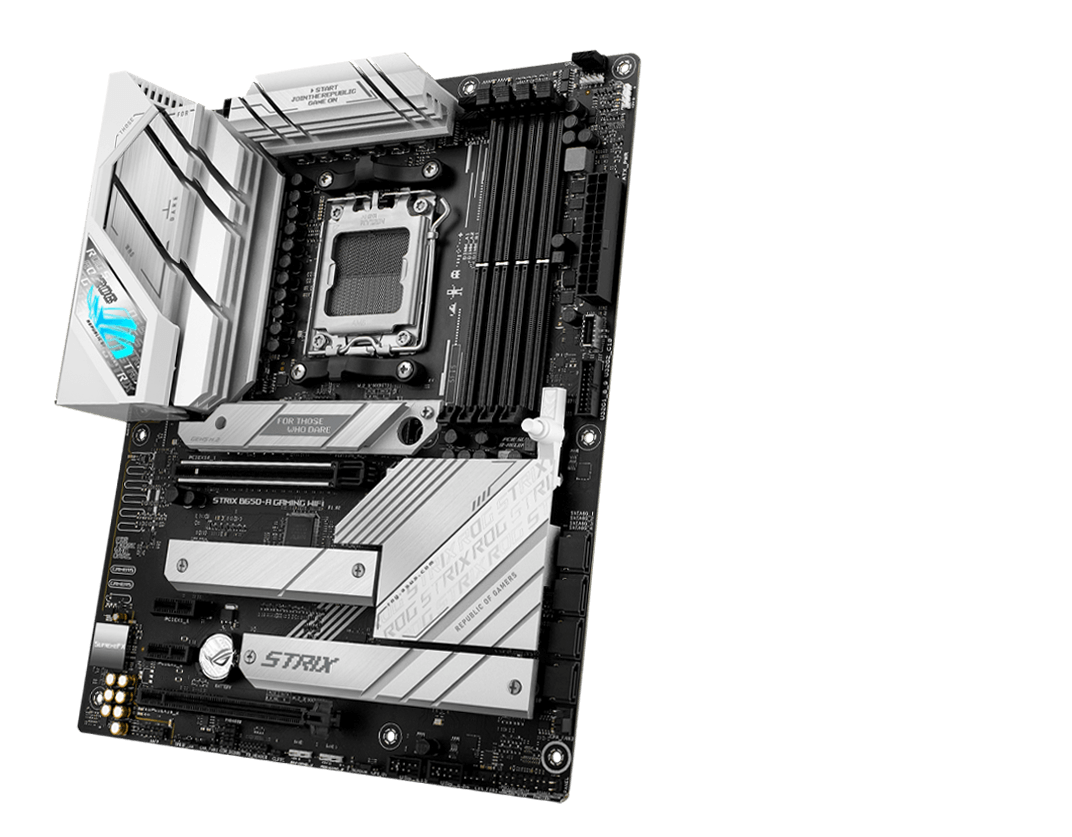 The ROG Strix B650-A front and back designs offer a clean, modern aesthetic