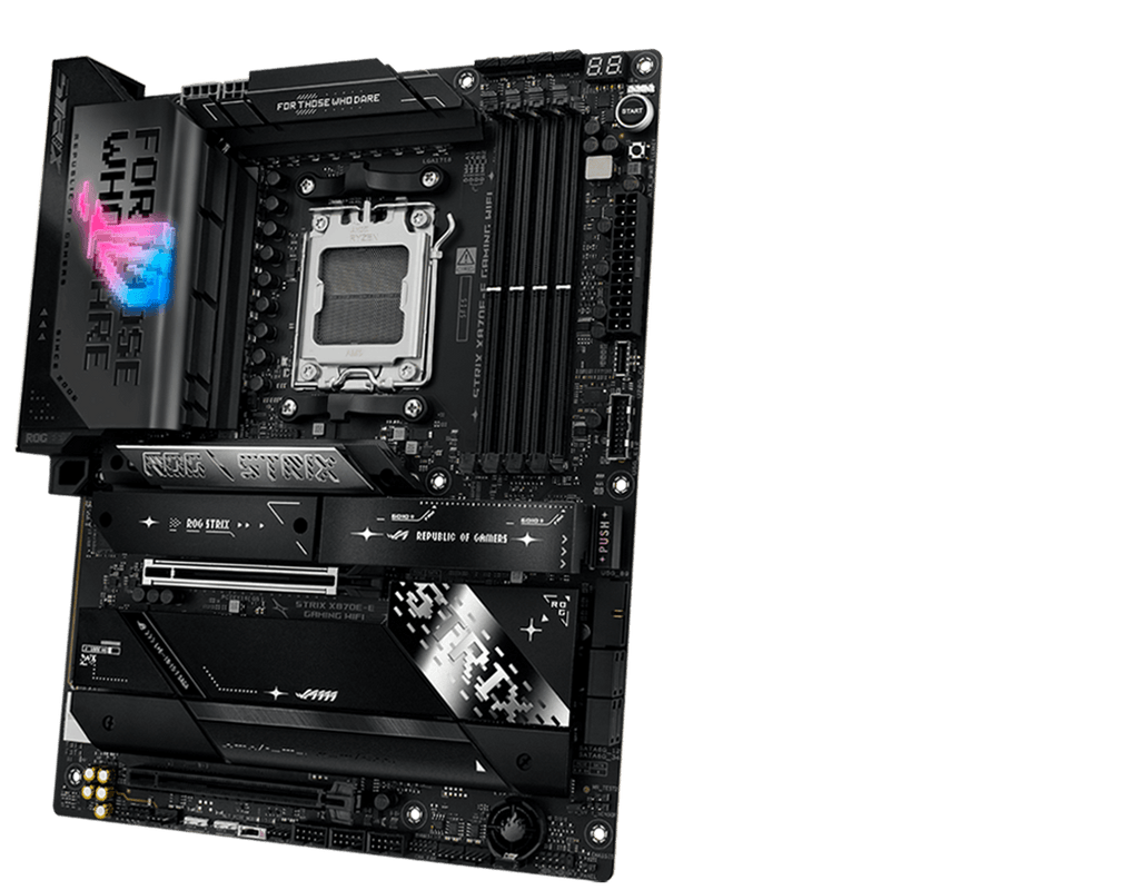 The Strix X870E-E front and back