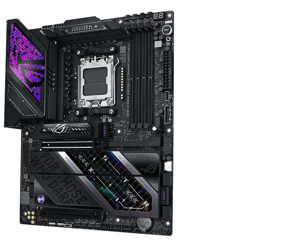 The ROG Strix X870E-E Gaming WiFi7 Neo front and back
