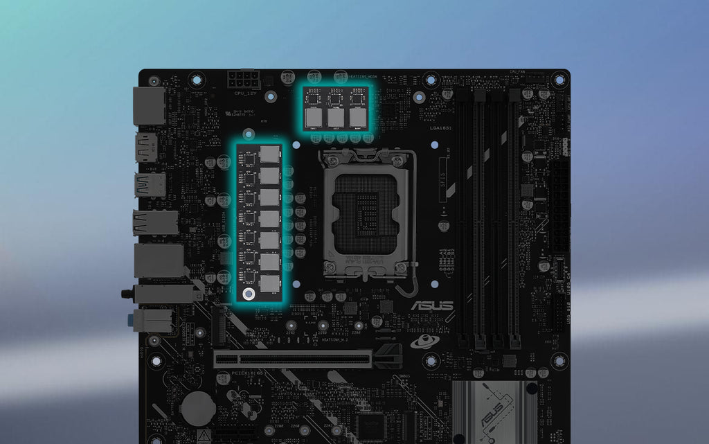 Angled top-down view of PRIME B860M-A WIFI motherboard.