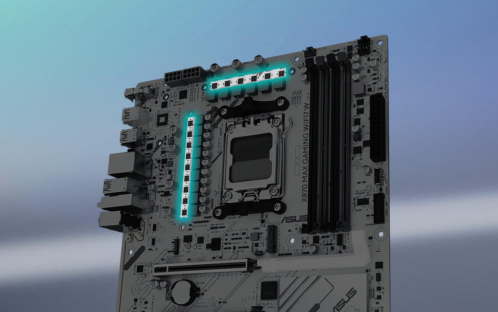 Angled top-down view of X870 MAX GAMING WIFI7 W motherboard.