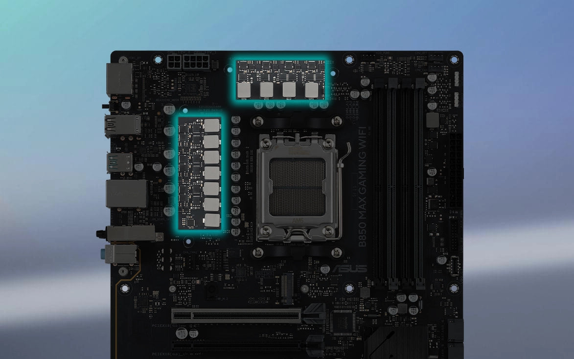 Angled top-down view of B850 MAX GAMING WIFI motherboard.