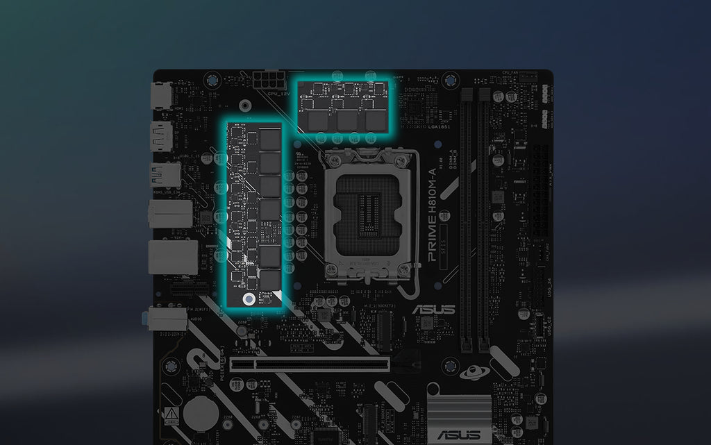 Angled top-down view of PRIME H810M-A-CSM motherboard. 