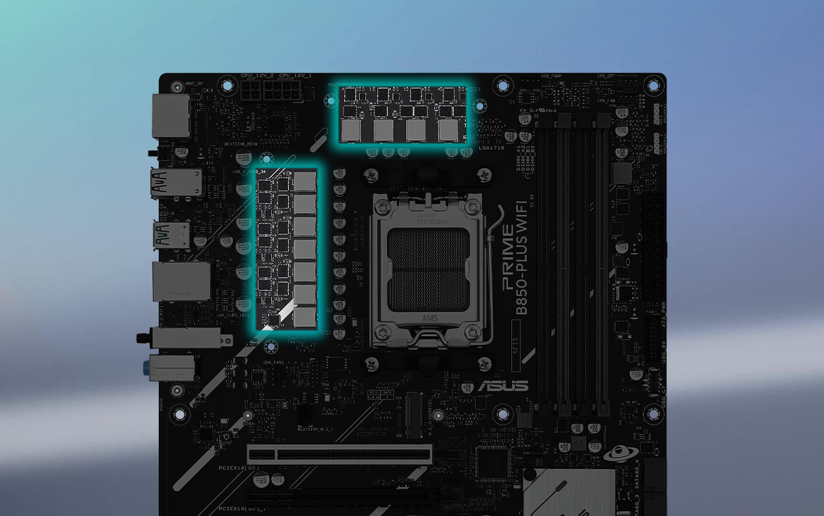 Angled top-down view of PRIME B850-PLUS WIFI motherboard.