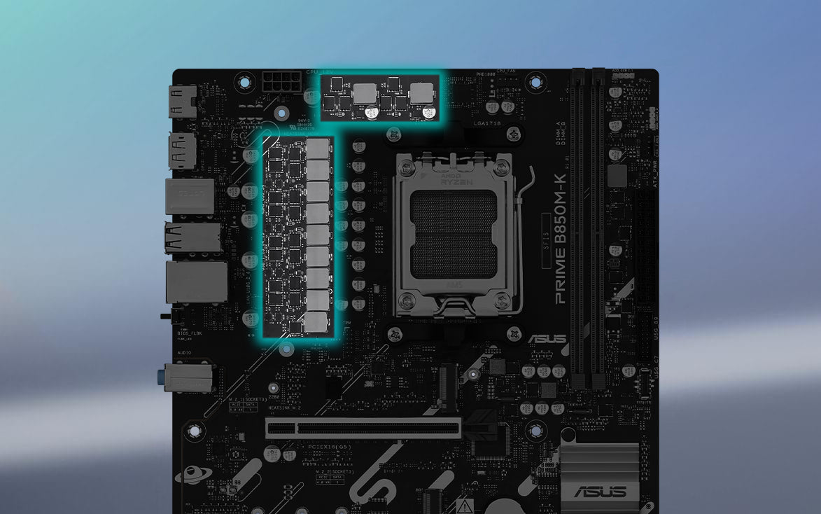 Angled top-down view of PRIME B850M-K motherboard.