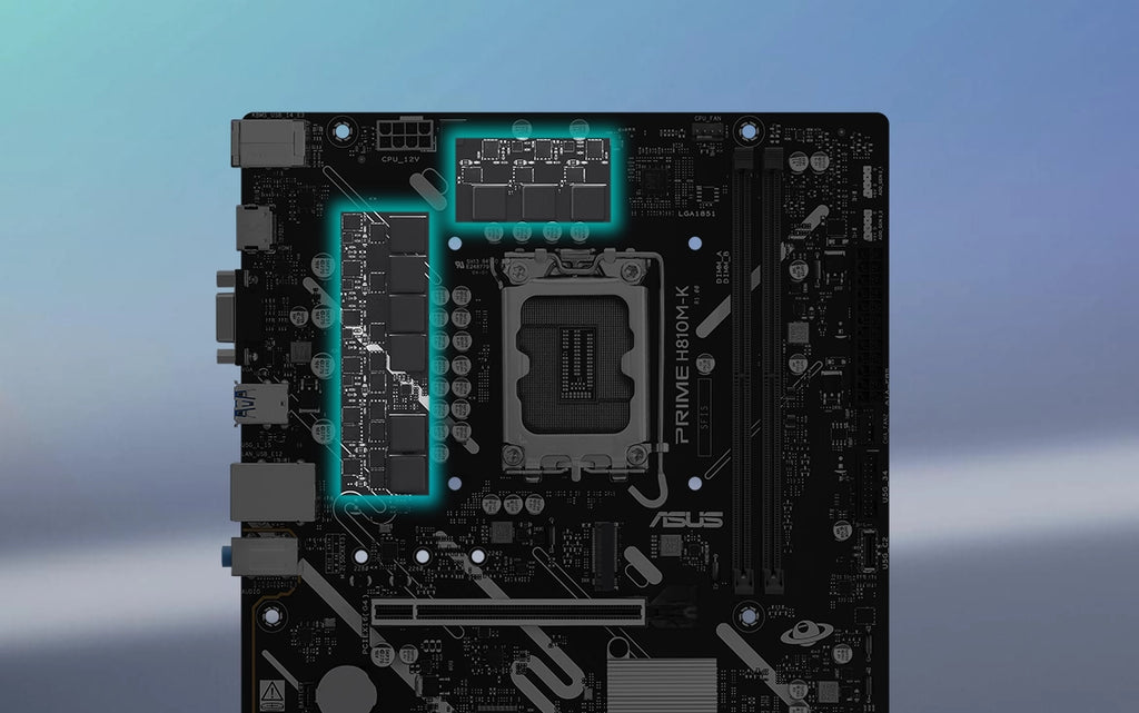 Angled top-down view of PRIME H810M-K motherboard. 