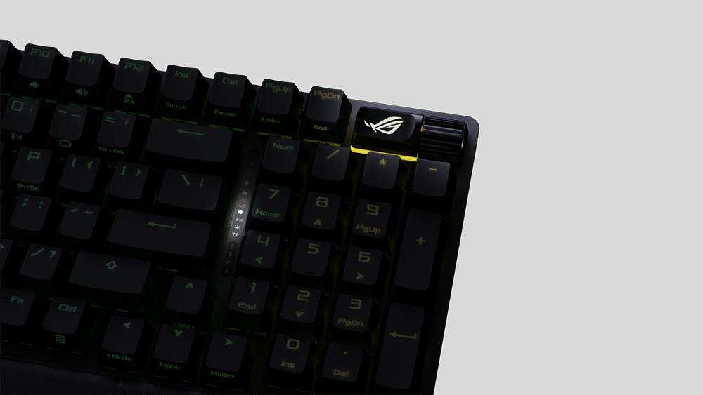 Close-up on the multi-function button and multiwheel on ROG Strix Scope II 96 Wireless