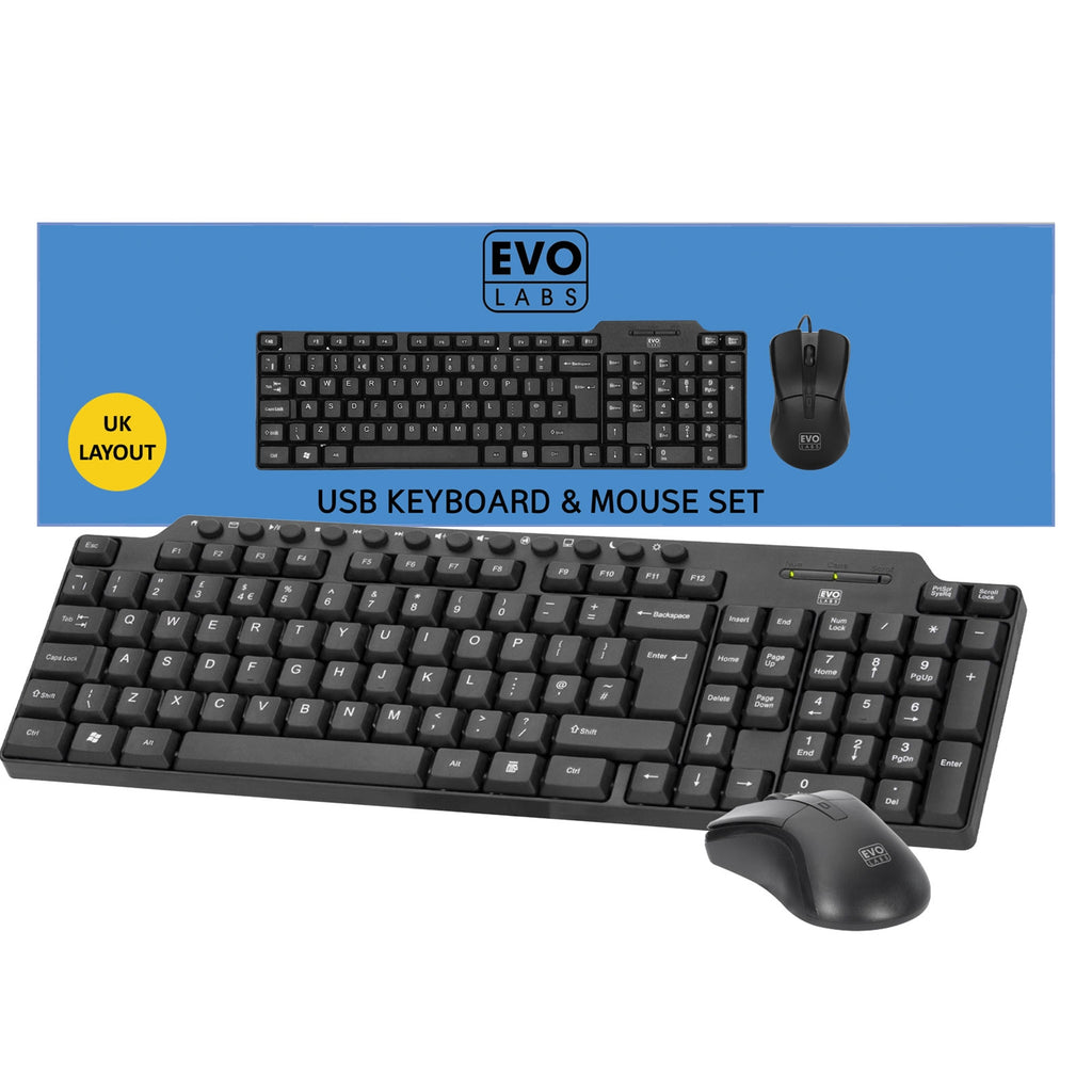 Evo Labs CM-501UK Wired Multimedia Keyboard and Mouse Combo Set, USB Plug and Play, Full Size Qwerty UK Layout Keyboard with Optical Sensor Mouse, ...