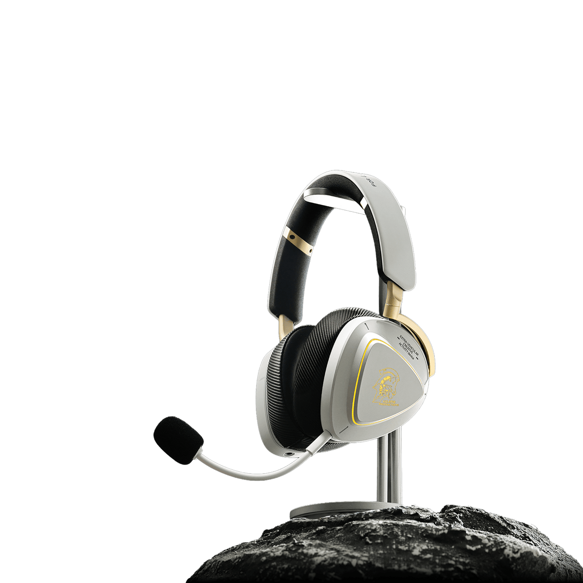 the ROG Delta II KJP placed upon a headset stand on a rocky surface