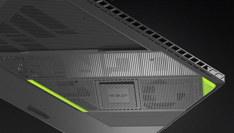 A closeup showing the rubber and ROG typographic design beneath the base of the G16.