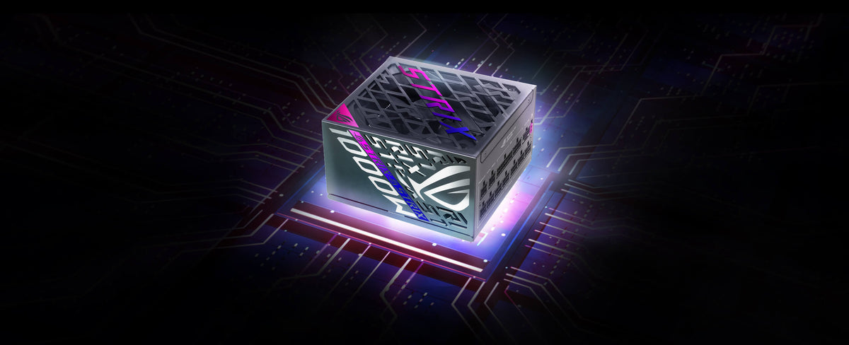 ROG Strix 1000W Platinum power supply unit shown in an angled view with illuminated accents, placed on a circuit-themed background