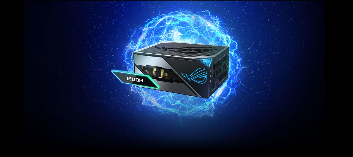 Stylized image of ROG Thor 1200W Platinum III, appearing to float while surrounded by energy
