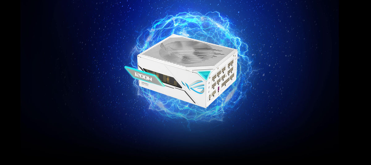 Stylized image of ROG Thor 1200W Platinum III White, appearing to float while surrounded by energy