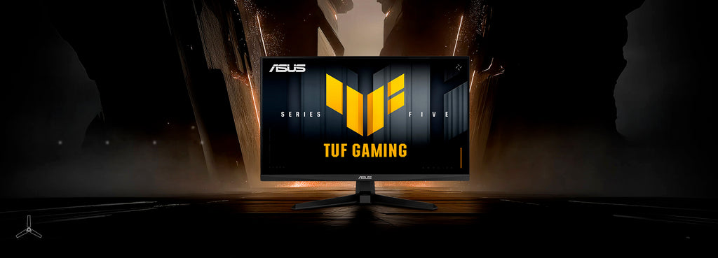 The TUF Gaming monitor VG249Q5A displaying vibrant, colorful graphics with the TUF logo at its center.