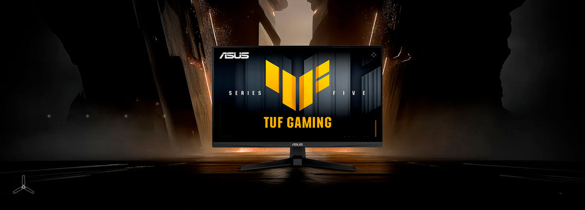 The TUF Gaming monitor VG279QM5A displaying vibrant, colorful graphics with the TUF logo at its center.