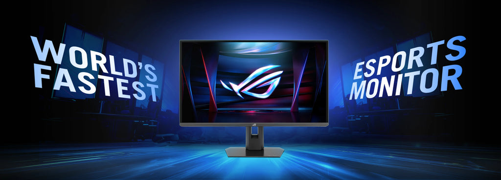 Front view of an ROG Strix XG248QSG Ace monitor with the ROG logo on screen, surrounded by bold text reading 