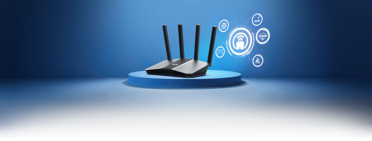 RT-BE82U standing on a podium with a smart home panel showing the extendable network features