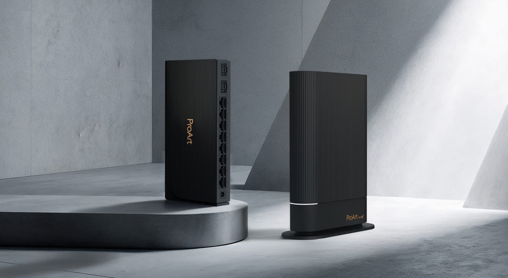 ProArt Router PRT-BE5000 and ProArt Switch PQG-U1080 stand on the gray platform