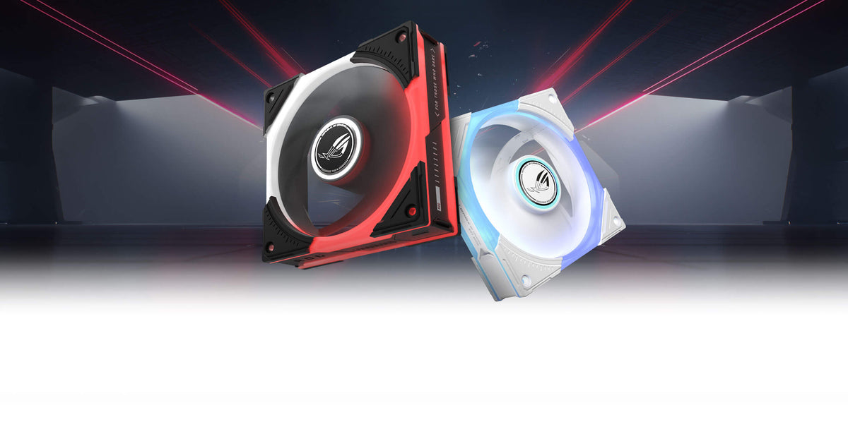 ROG Eurux GR120 ARGB black and white fans with vibrant red light against a dark, futuristic background.