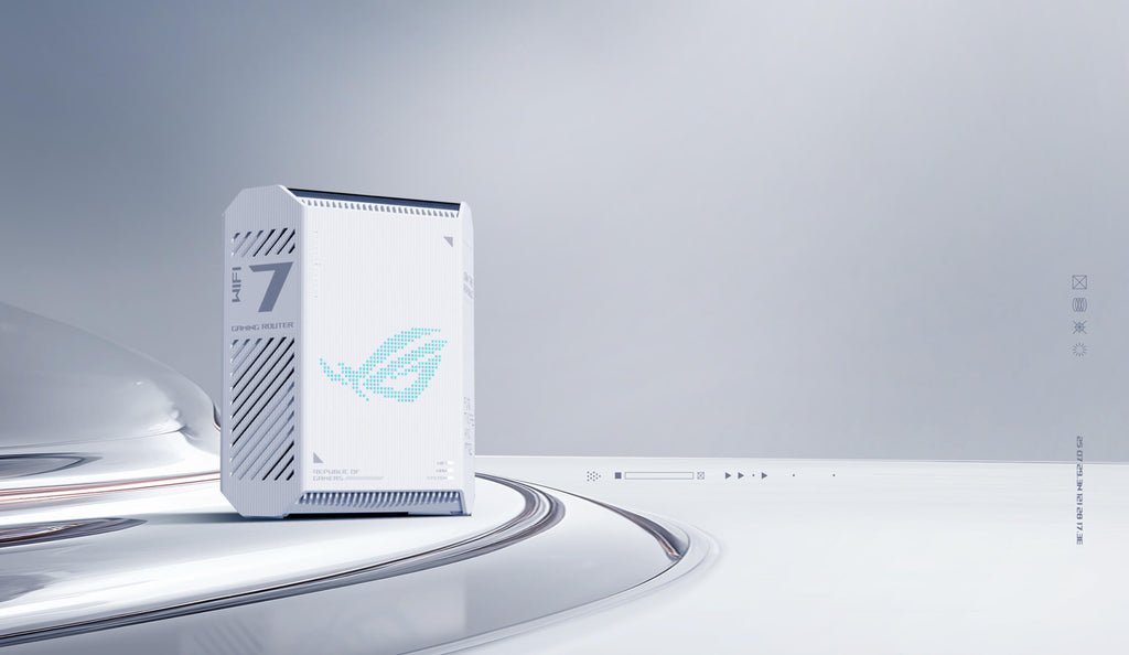 ROG Strix GS-BE7200 WiFi 7 gaming router displayed on a futuristic white background.
