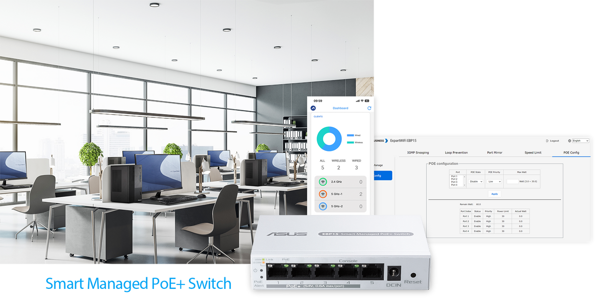 An office scenario featuring the EBP15 PoE access point ceiling mount, spreading WiFi signal coverage.