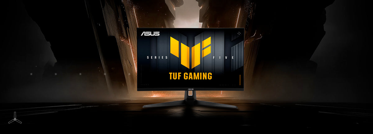 The TUF Gaming monitor VG27AQM5A displaying vibrant, colorful graphics with the TUF logo at its center.