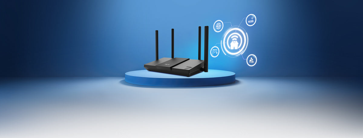 RT-BE50 standing on a podium with a smart home panel showing the extendable network features