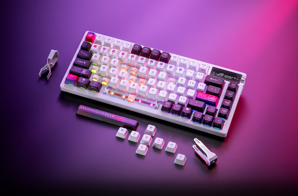 ROG Azoth X with certain keycaps removed to showcase hot-swappable feature.