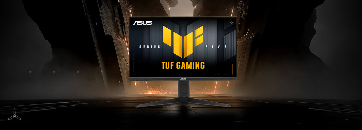 The TUF Gaming monitor VG27AQL5A displaying vibrant, colorful graphics with the TUF logo at its center.