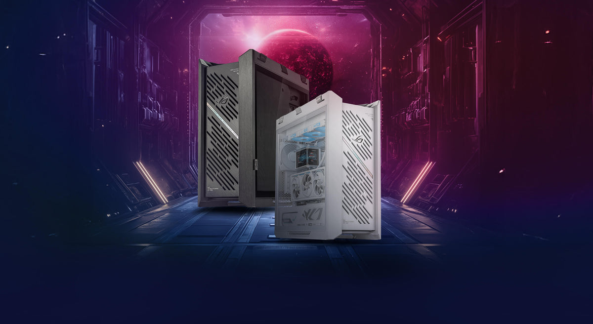Sleek black and white Helios II PCs with geometric patterns on a neon-lit floor, set against a cosmic, red backdrop.