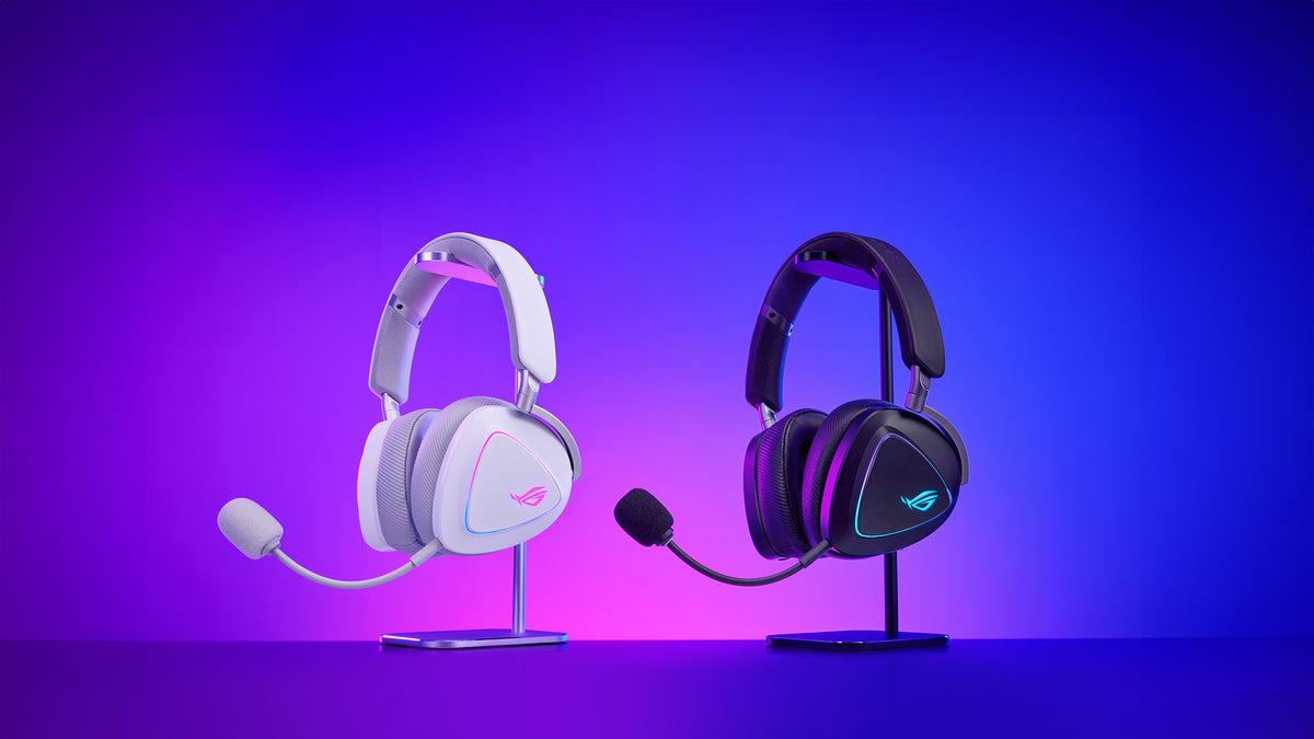 ROG Delta II and ROG Delta II Moonlight White Edition with the RGB lighting ROG logo on the ear cup, facing to the right.