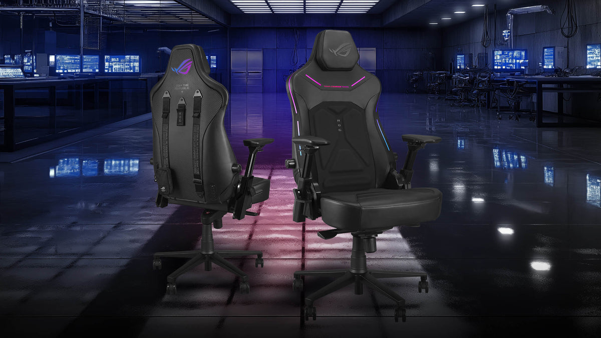 ROG Courser gaming chair shown in a futuristic gaming lab environment
