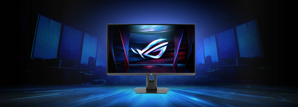 Front view of an ROG Strix XG248QSG Ace monitor with the ROG logo on screen, surrounded by bold text reading 