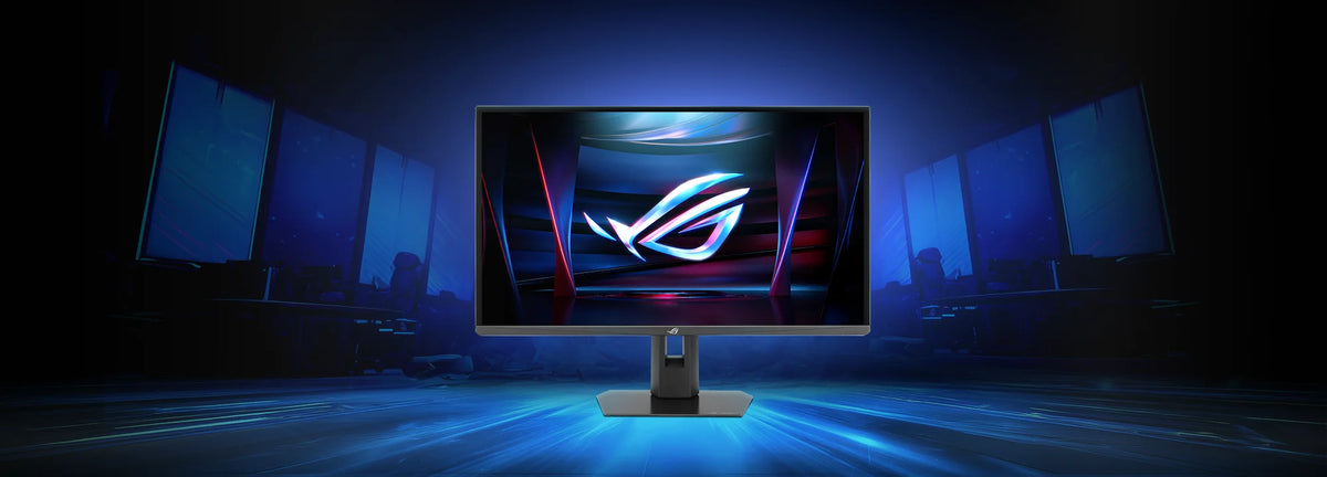 Front view of an ROG Strix XG248QSG Ace monitor with the ROG logo on screen, surrounded by bold text reading 