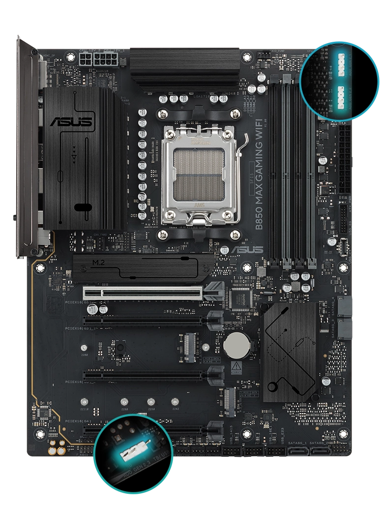 B850 MAX GAMING WIFI front view, 45 degrees.