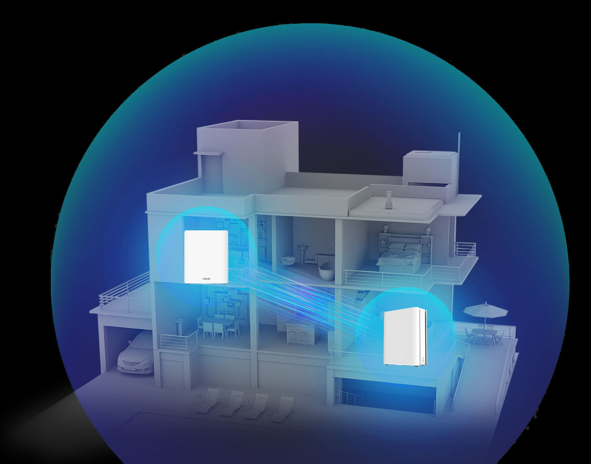 A three-story home illustration with a blue overlay which shows two-pack ZenWiFi BQ16 coverage, placed on separate floors with a tech blue backhaul connecting the mesh routers.