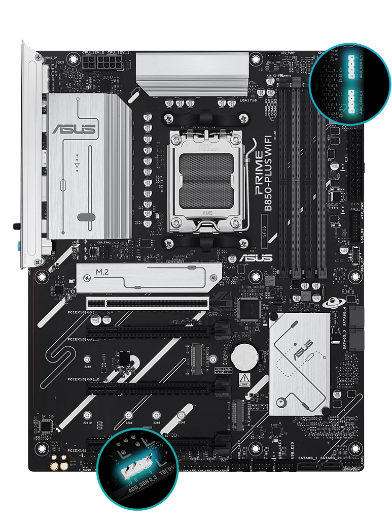 PRIME B850-PLUS WIFI front view, 45 degrees.