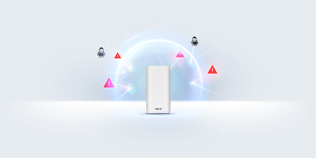 ASUS ZenWiFi BD4 Outdoor with a digital shield surrounding it, protecting against various online threats.