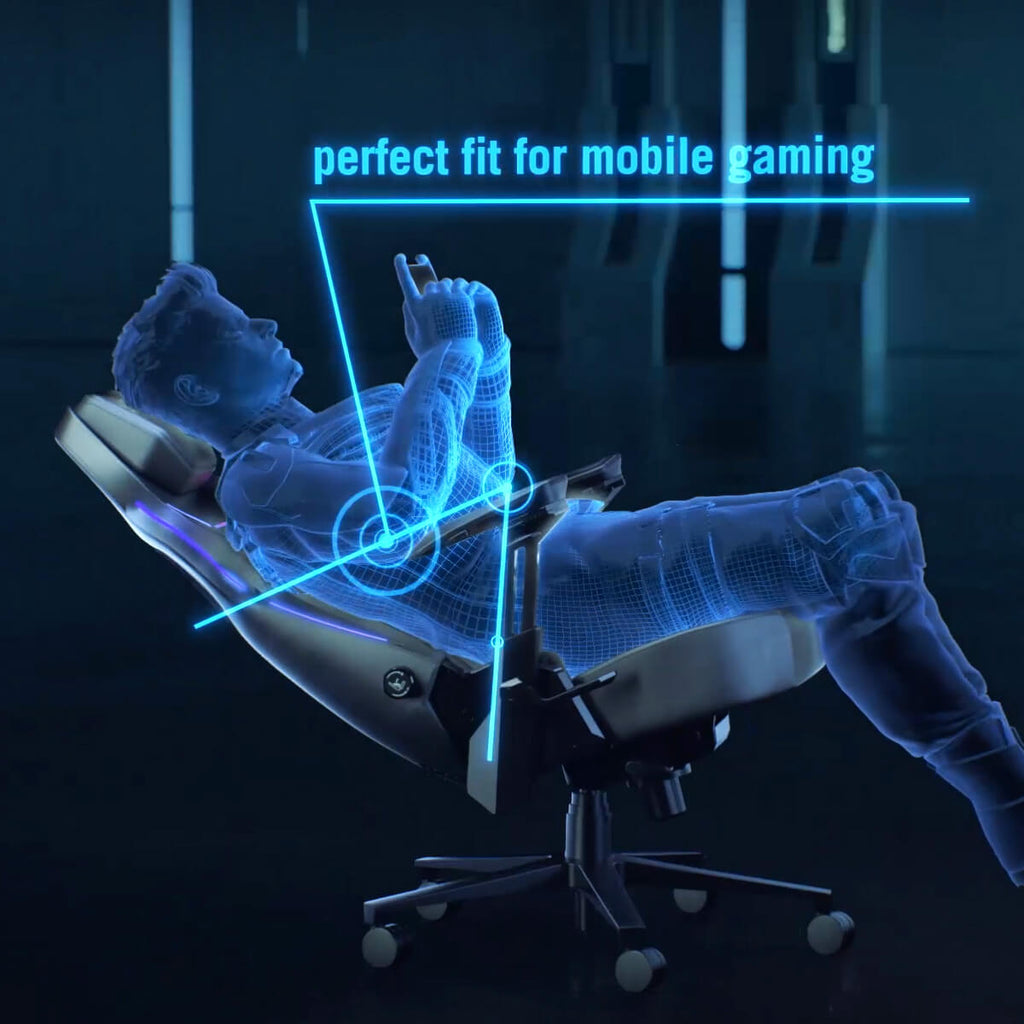 Man reclining and playing mobile games with optimal elbow support on the ROG Courser gaming chair