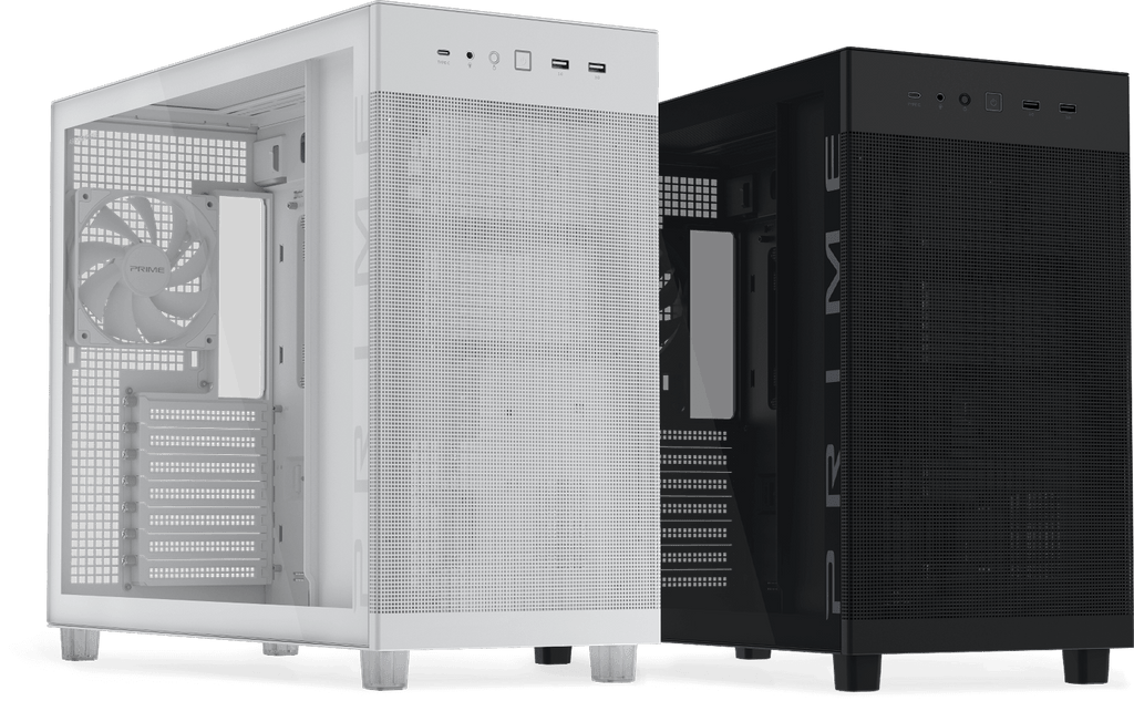 ASUS Prime AP303 black and white versions, showing tempered glass panel models side by side